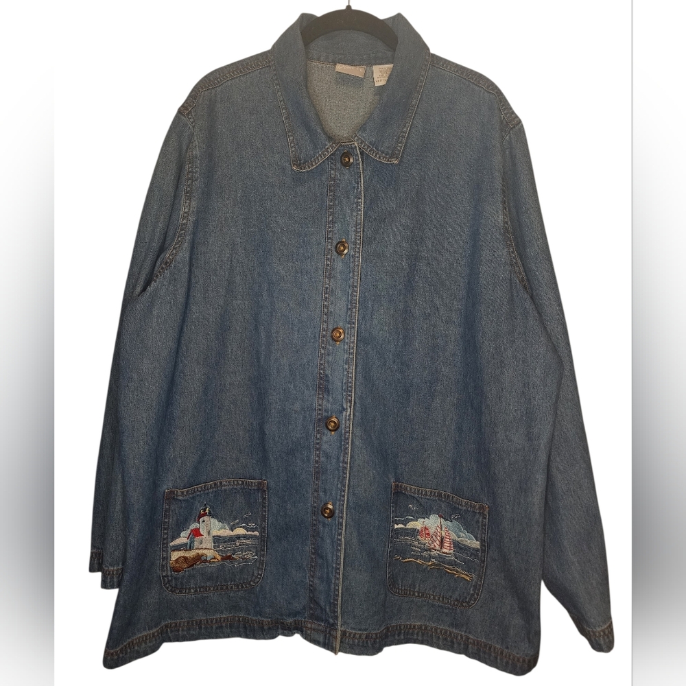 BLAIR Vintage Nautical Lighthouse Embroidered Denim Jacket Size XL